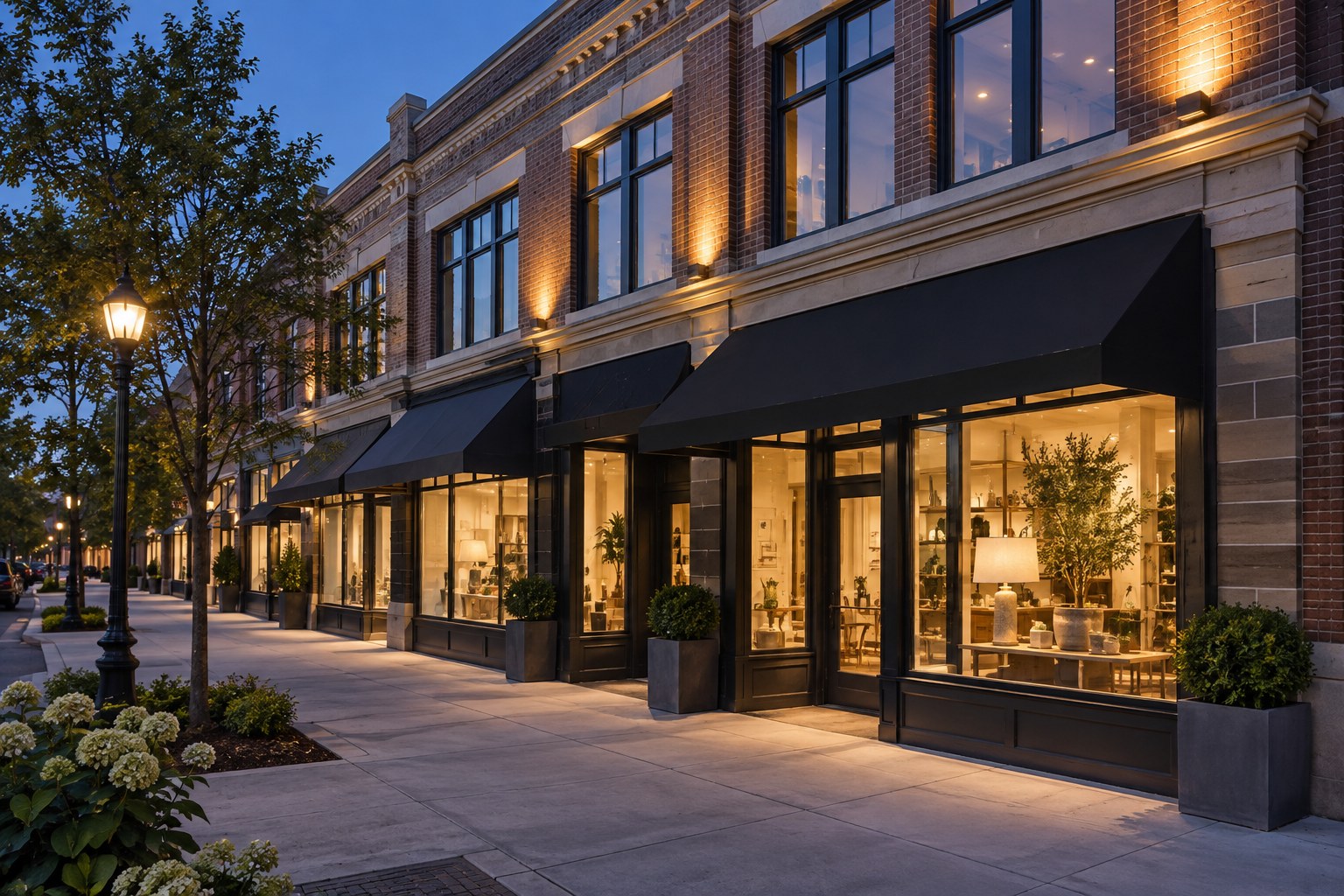 A restored brick retail building on a Chicago commercial street, illustrative