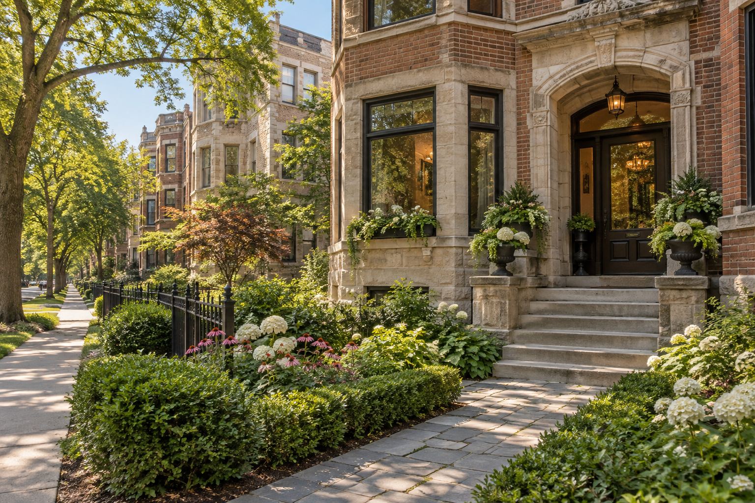 A Chicago greystone entry on a tree lined street, illustrative