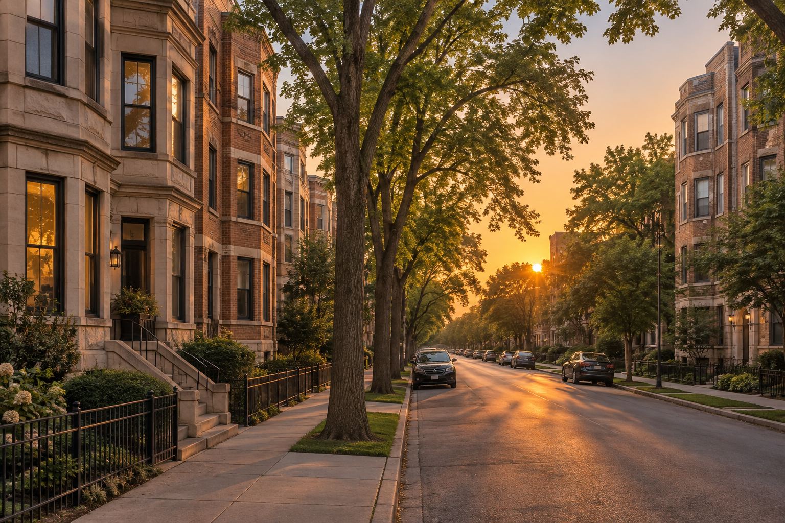 A Chicago street at sunset, illustrative