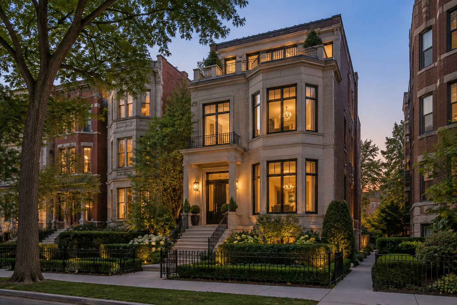 A Chicago greystone at dusk, illustrative