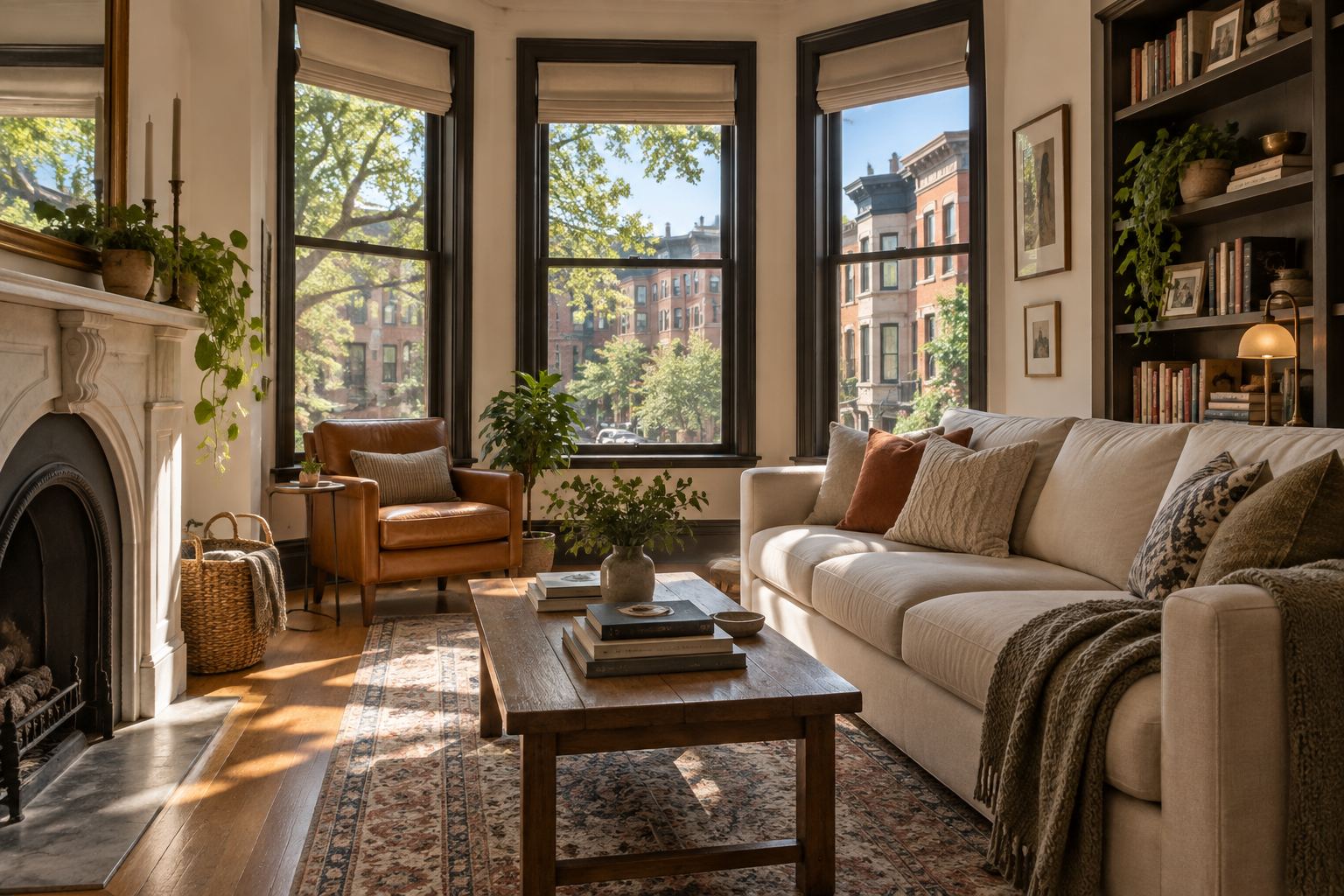 A warm Chicago living room, illustrative