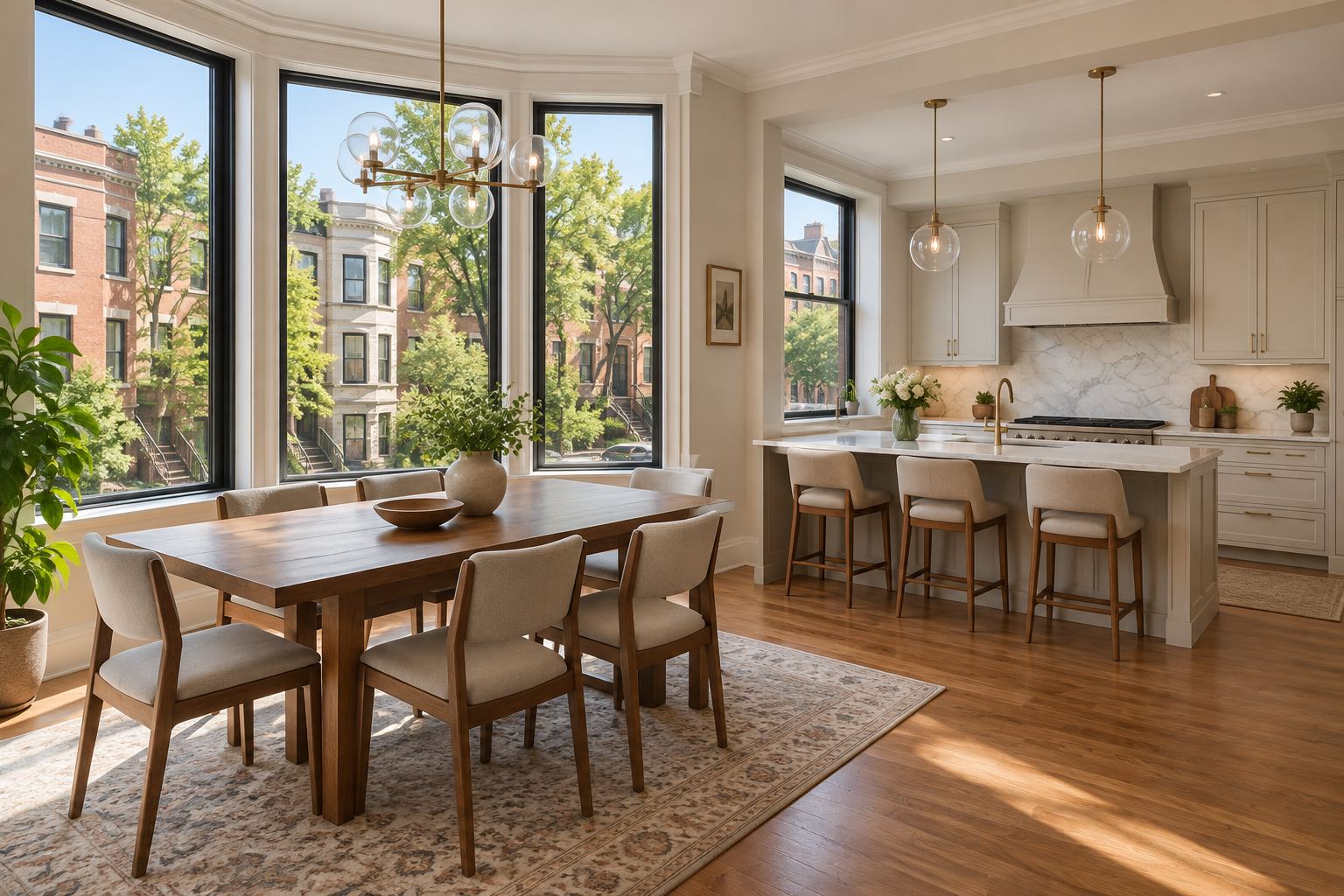 A bright Chicago dining room and kitchen, illustrative